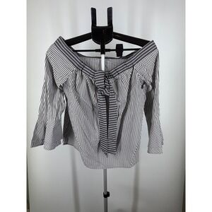 Ann Taylor LOFT Striped Off The Shoulder Bow Bell Sleeve Blouse Navy White S NEW